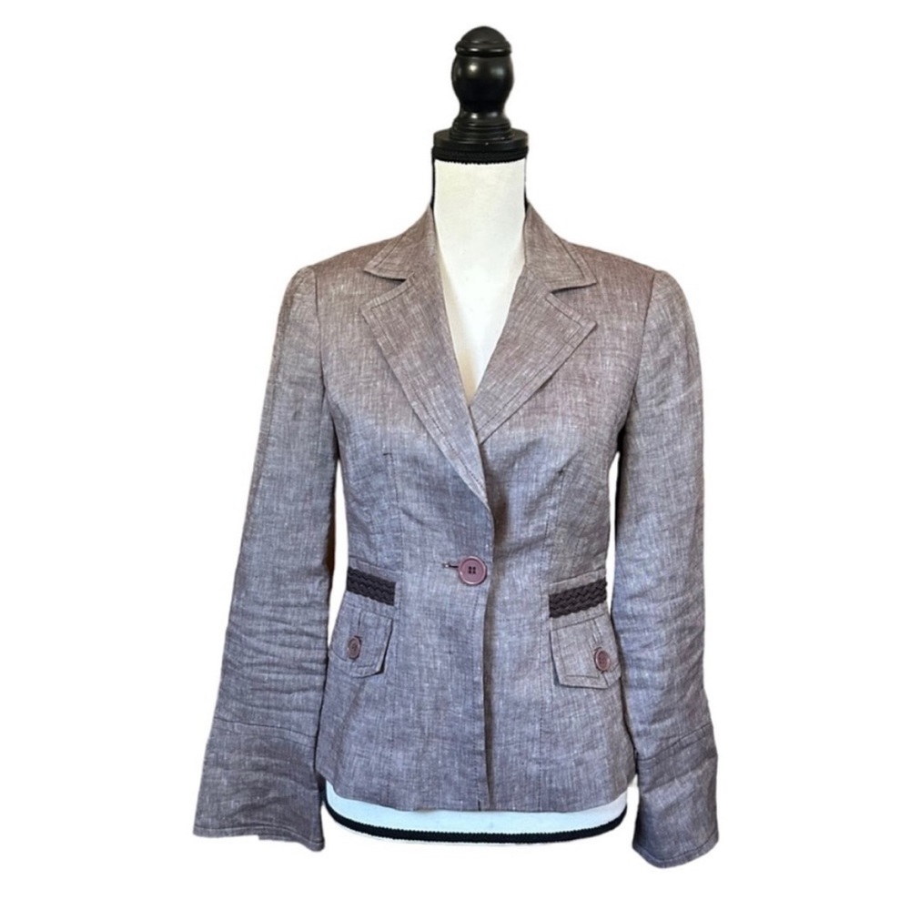 Trina Turk Linen Blend Blazer Heather Brown Braided Trim Office Business Size 2
